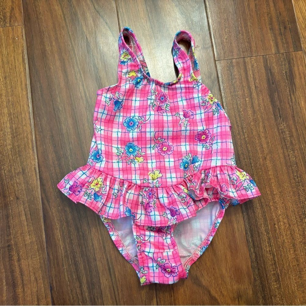 Bermuda Beachwear vintage pink/white plaid floral one piece bathing suit